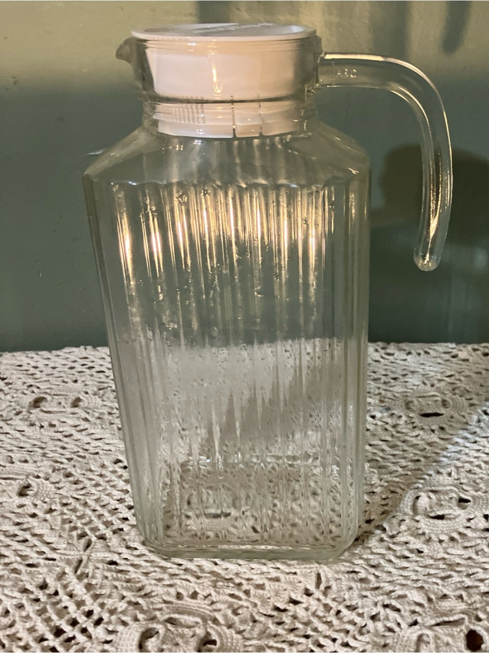 Luminarc Glass Pitcher with White Lid Ribbed Square Fridge Carafe 1L 34oz